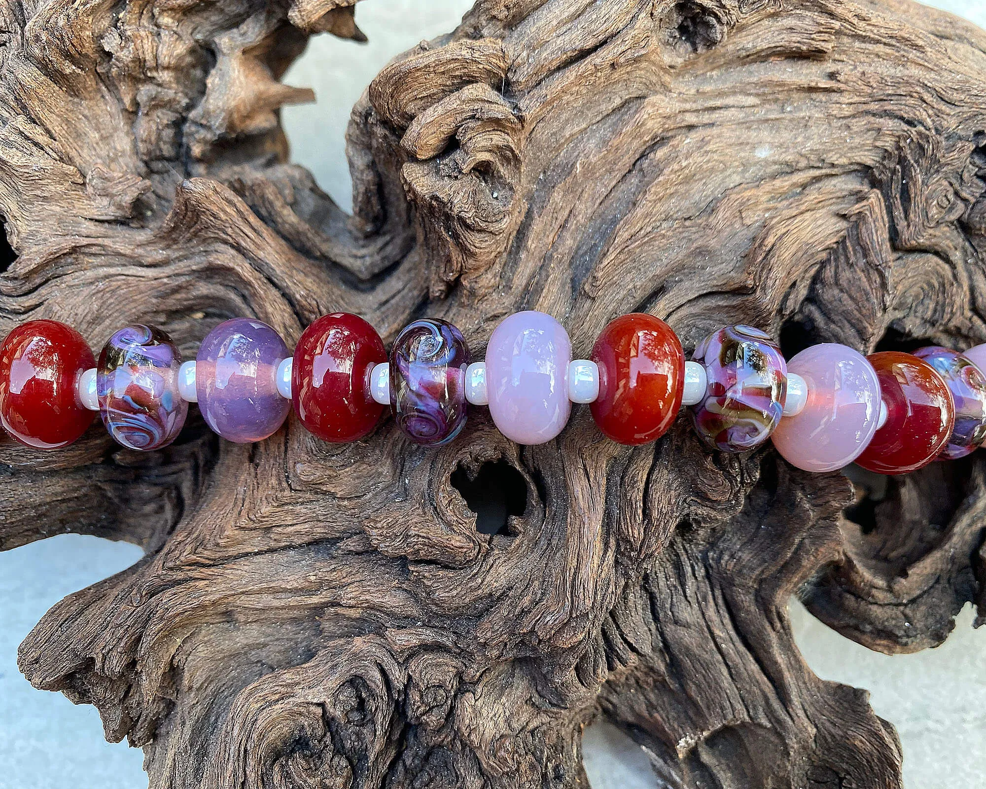 15 Handmade Red & Purple Swirl Lampwork Beads Set SRA