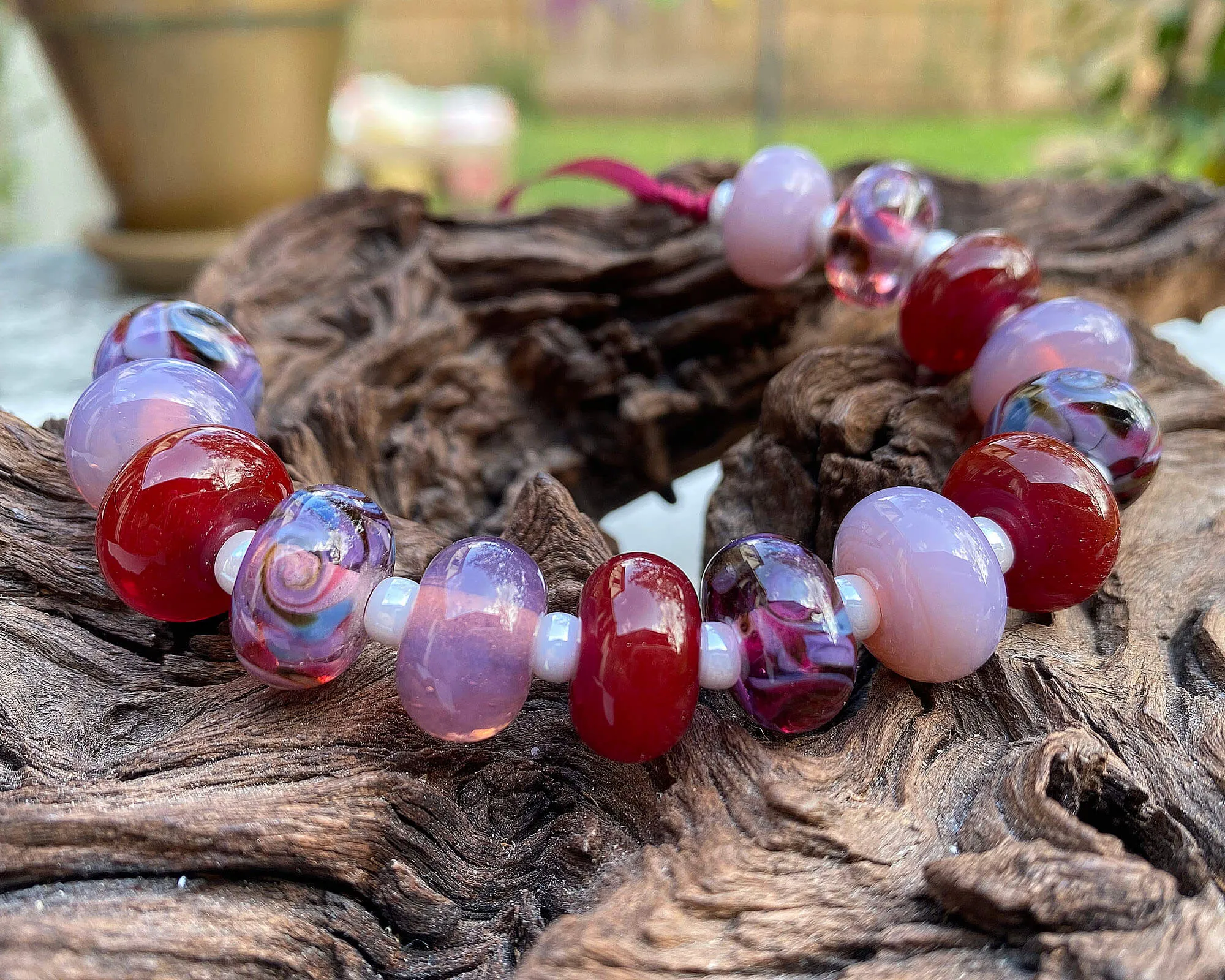 15 Handmade Red & Purple Swirl Lampwork Beads Set SRA