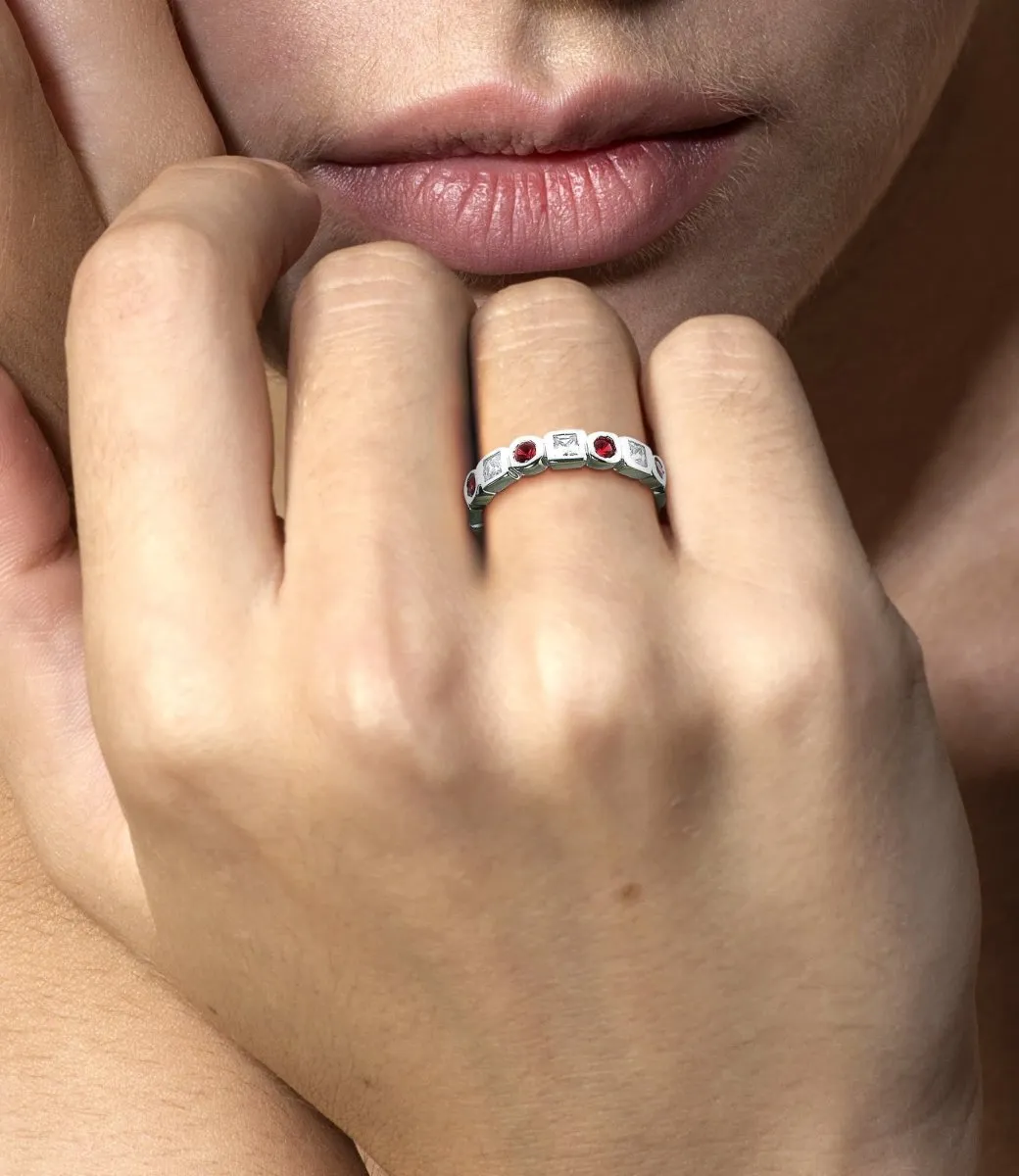 1.65 CT Round & Princess Cut Rubies & Diamonds - Eternity Ring
