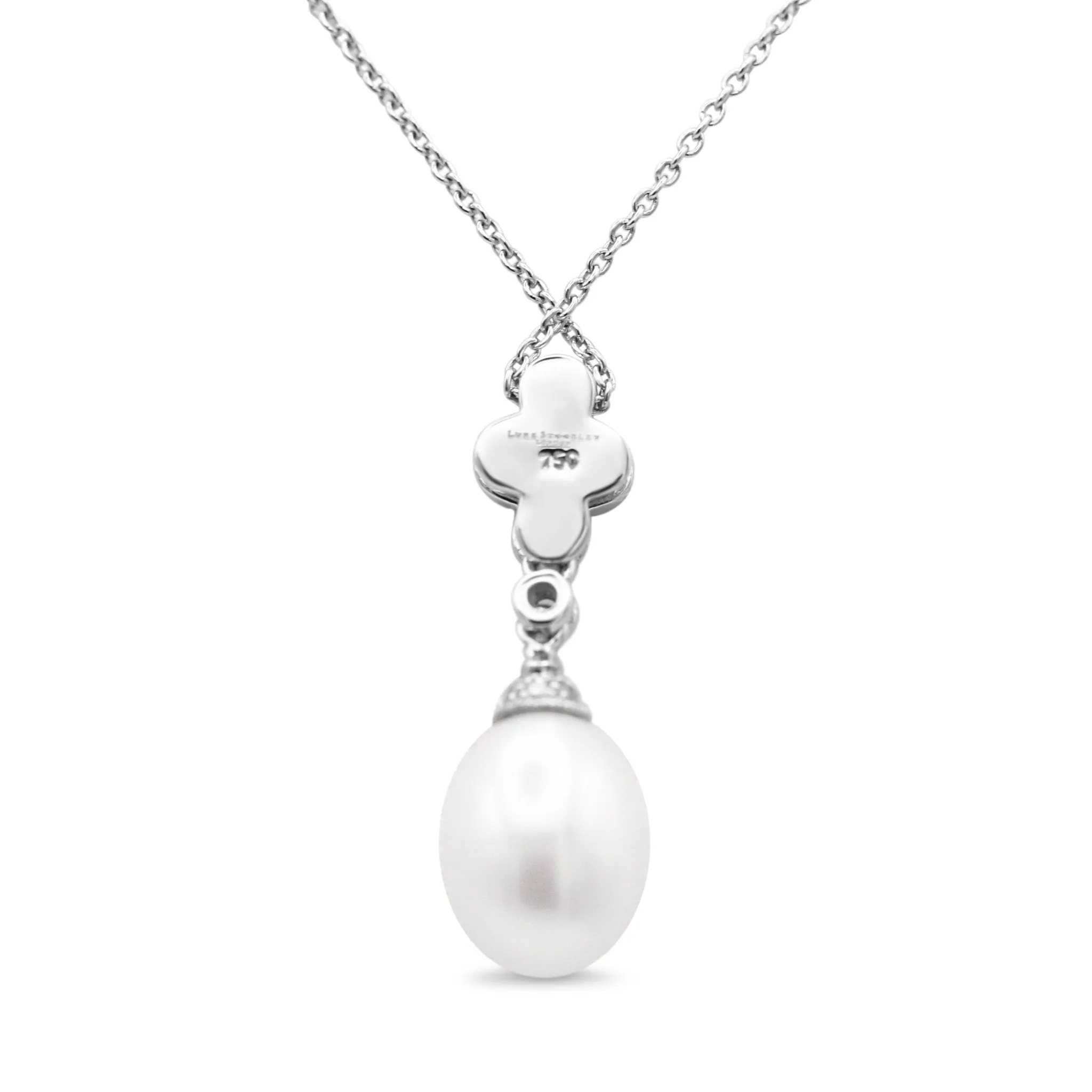 18ct White Gold Diamond & Clustered Pearl Drop Pendant Necklace 17"