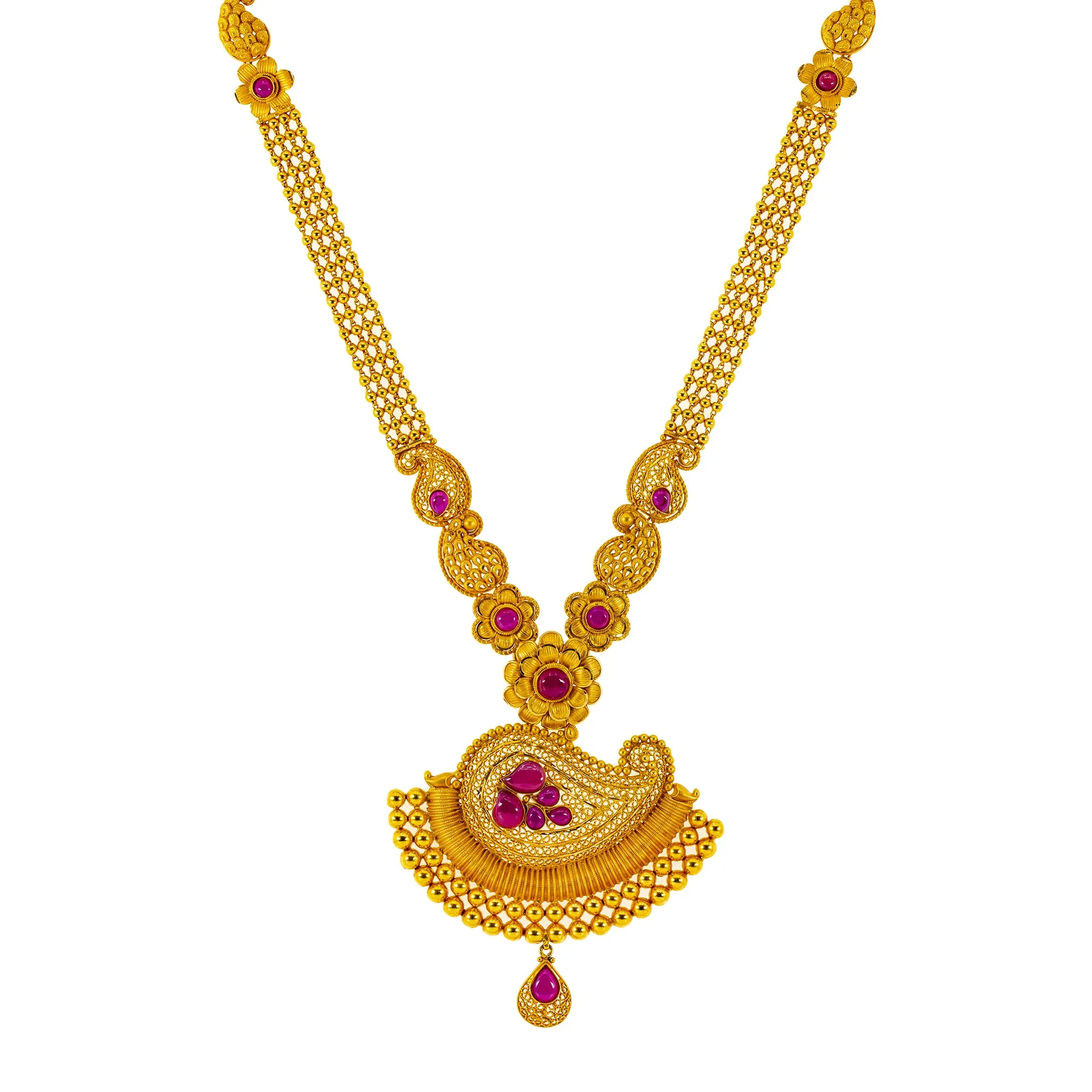 22K Yellow Gold & Ruby Necklace & Chandbali Earrings Set (97.3 grams)