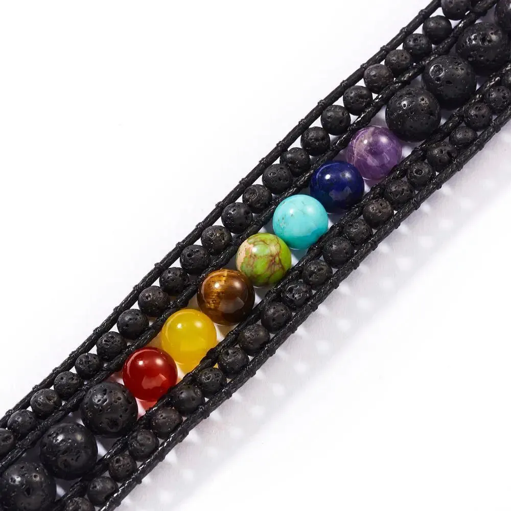 7 Chakra Black Lava Stone Wrap Bracelet