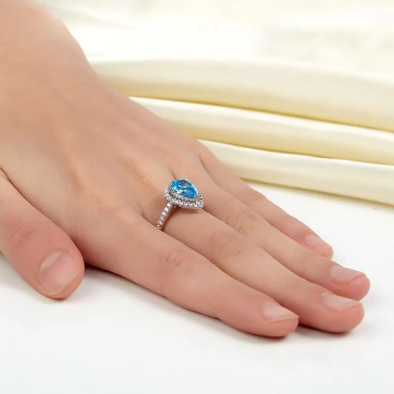 925 Sterling Silver Wedding Engagement Ring Pear Blue Simulated Diamond Jewelry
