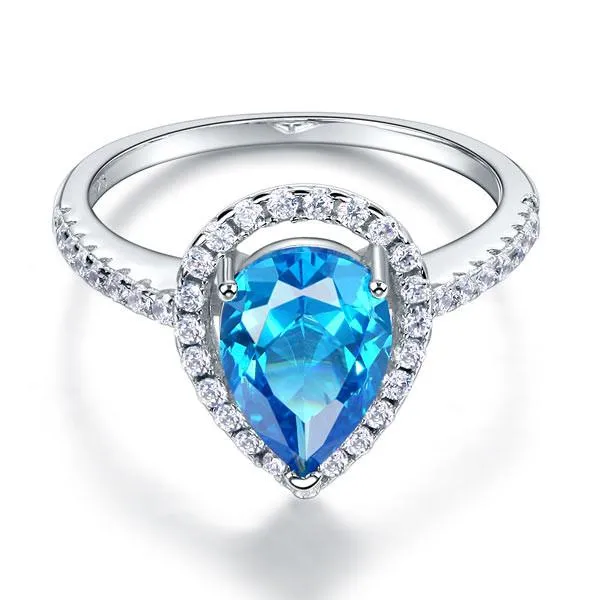 925 Sterling Silver Wedding Engagement Ring Pear Blue Simulated Diamond Jewelry