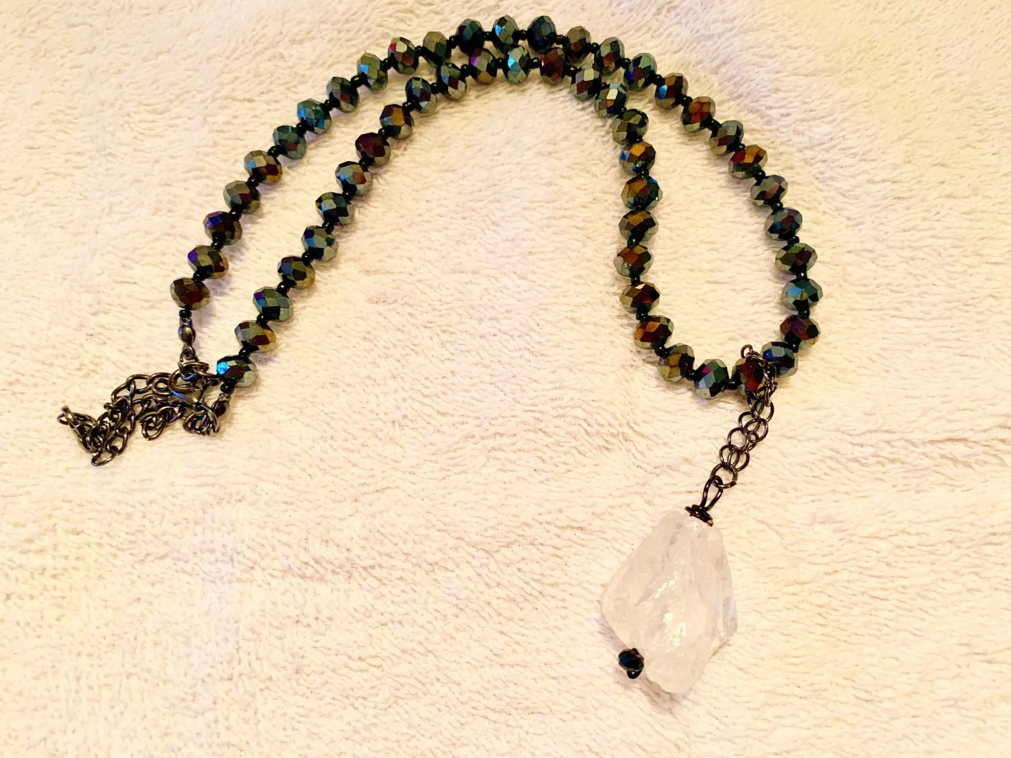 Aurora Handmade Beaded Chocker/ Necklace with a Chunky Raw White Quartz Crystal Pendant