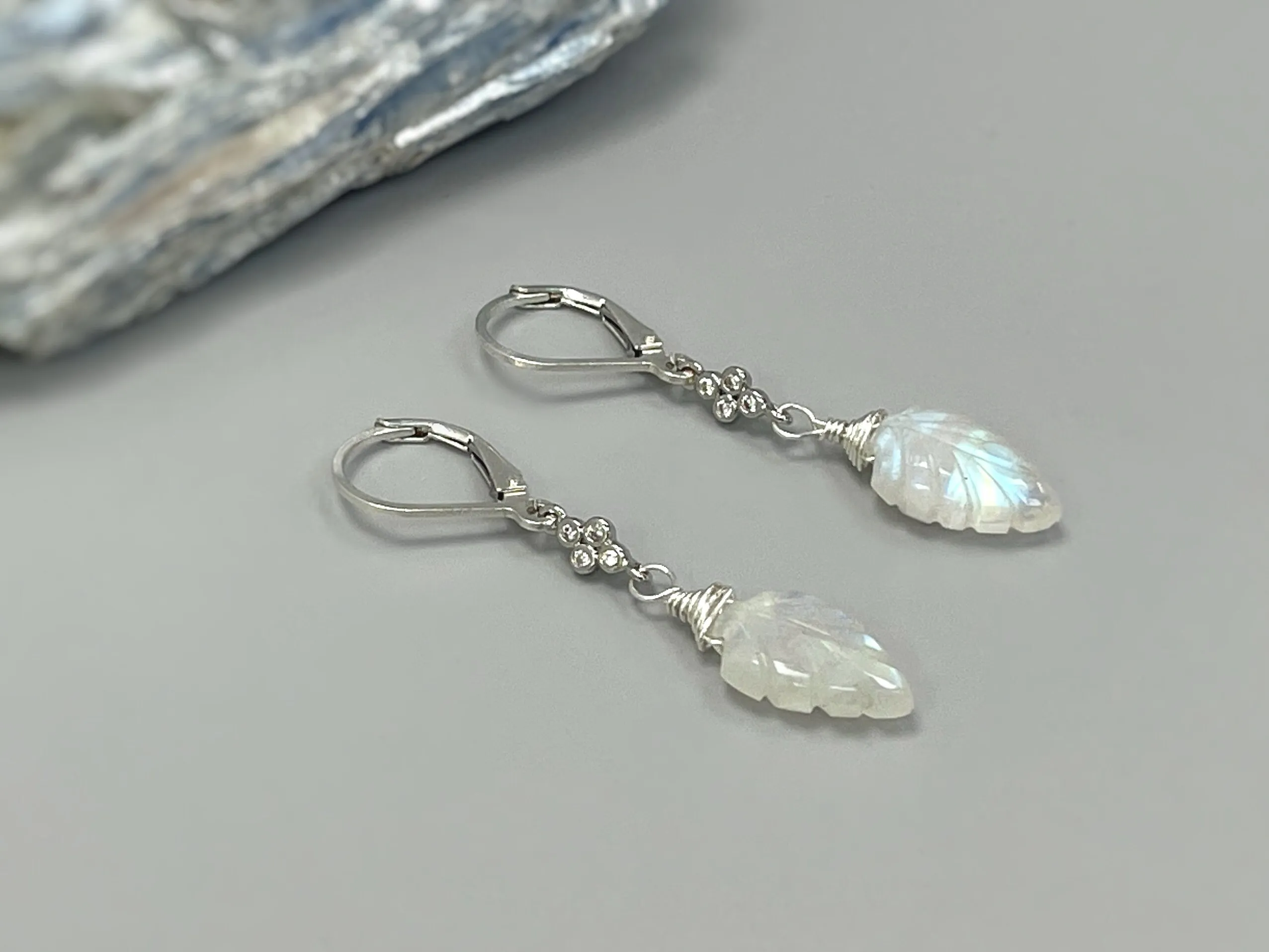 Crystal Leaf Moonstone earrings dangle, Sterling Silver