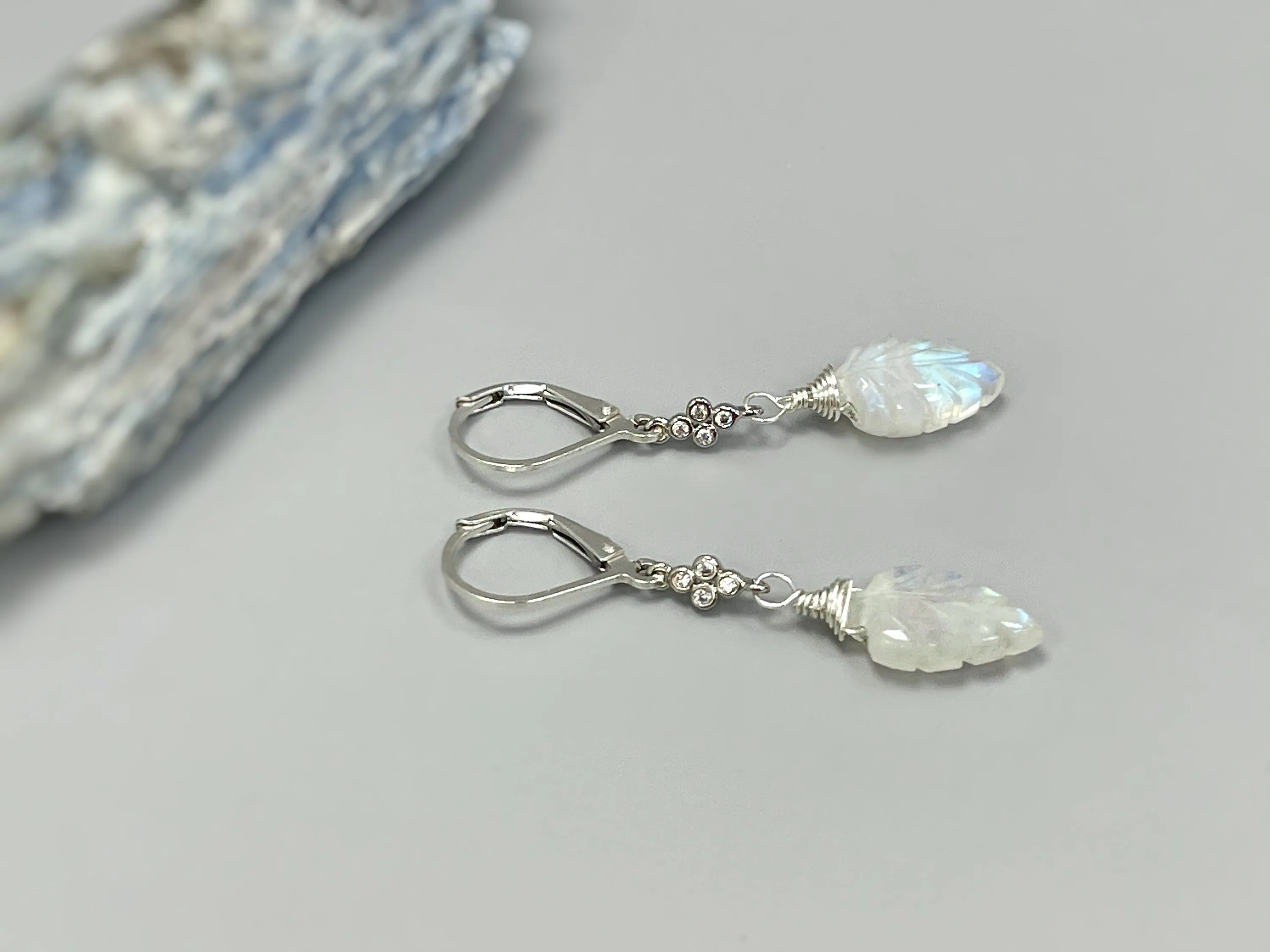 Crystal Leaf Moonstone earrings dangle, Sterling Silver
