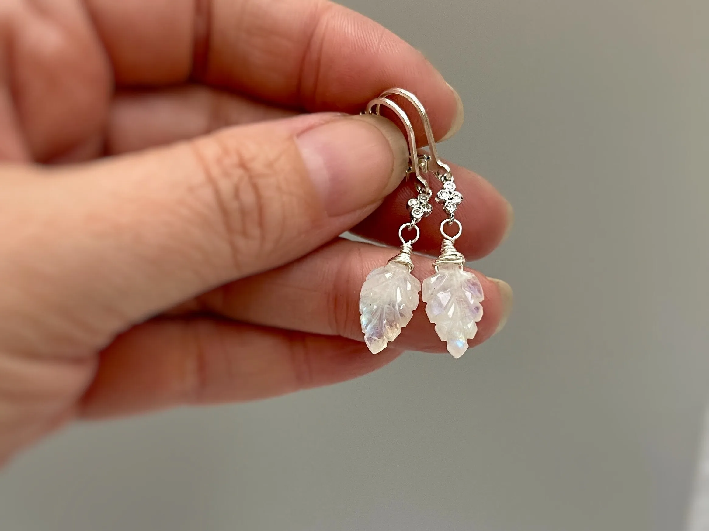 Crystal Leaf Moonstone earrings dangle, Sterling Silver