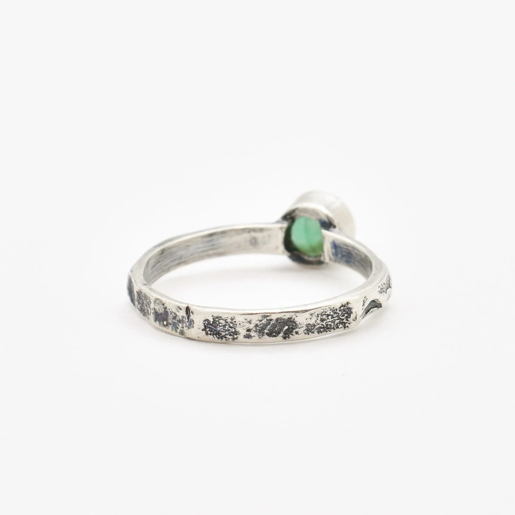 Dainty Emerald Ring - Silver Hammered Band - Emerald Bezel Ring