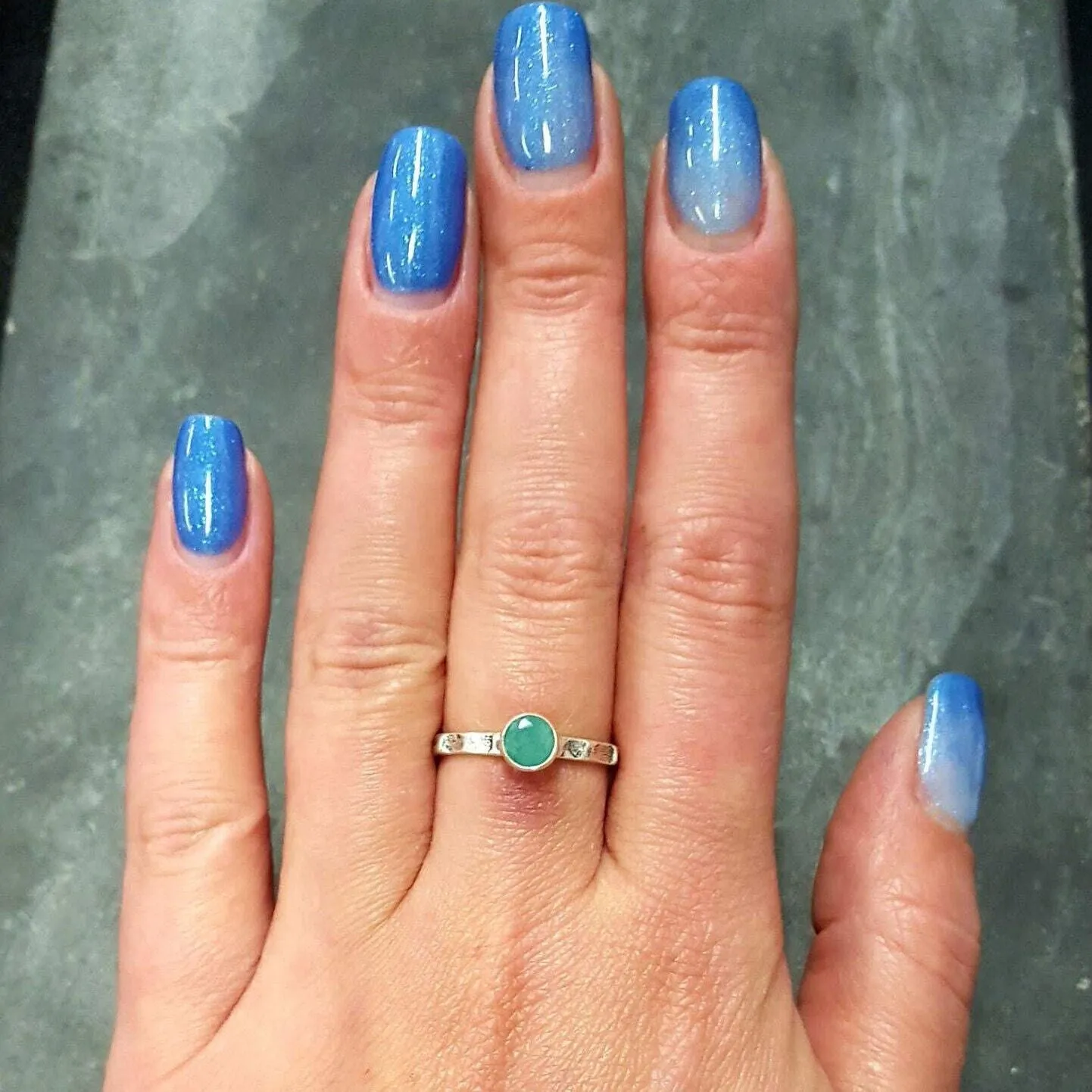 Dainty Emerald Ring - Silver Hammered Band - Emerald Bezel Ring