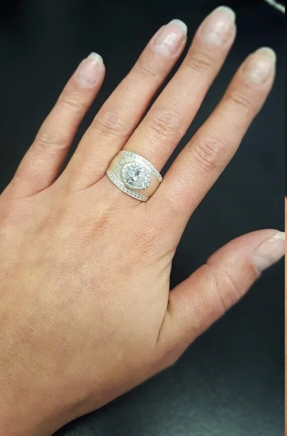 Emerald Statement Ring - Silver Dome Band - Wide Emerald Ring
