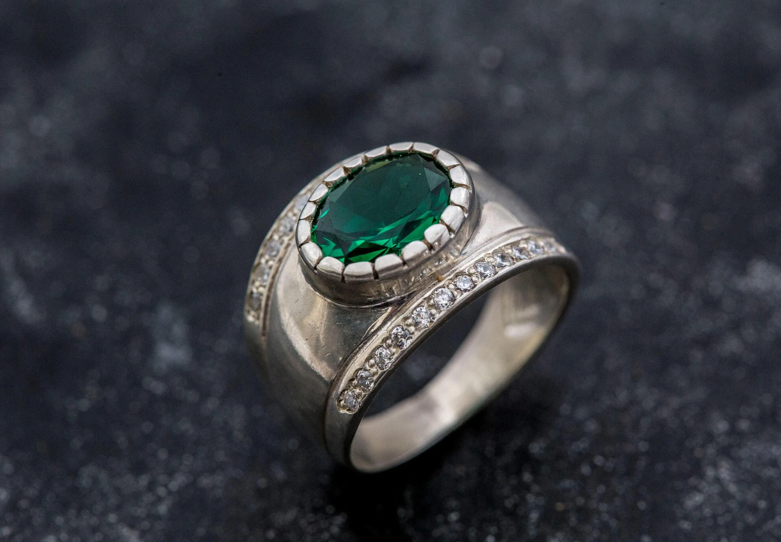 Emerald Statement Ring - Silver Dome Band - Wide Emerald Ring