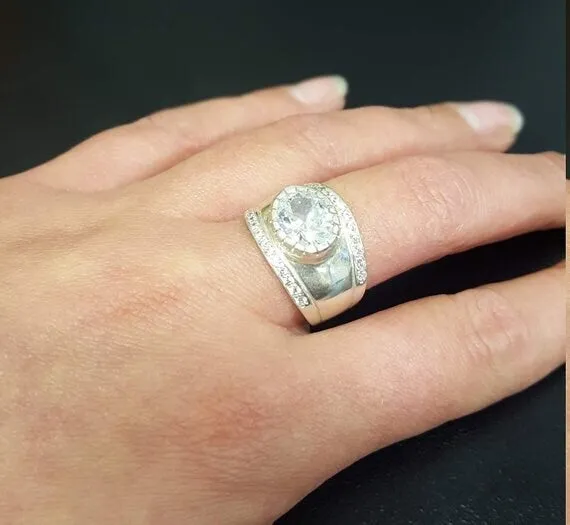 Emerald Statement Ring - Silver Dome Band - Wide Emerald Ring