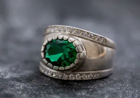 Emerald Statement Ring - Silver Dome Band - Wide Emerald Ring