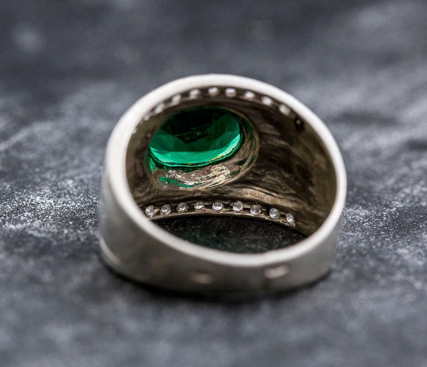 Emerald Statement Ring - Silver Dome Band - Wide Emerald Ring