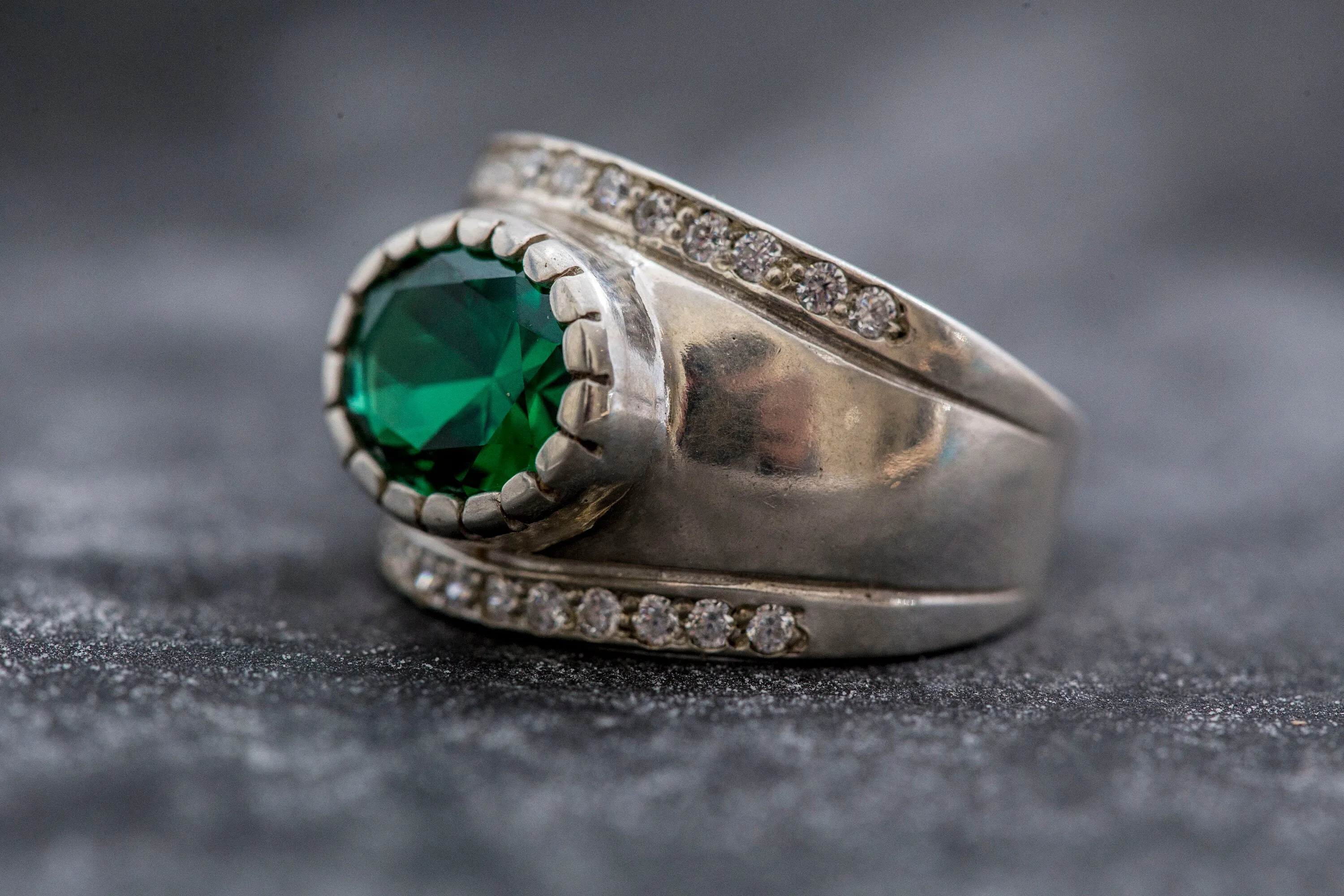 Emerald Statement Ring - Silver Dome Band - Wide Emerald Ring