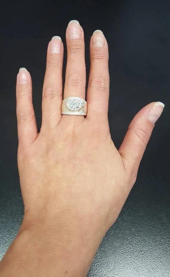 Emerald Statement Ring - Silver Dome Band - Wide Emerald Ring