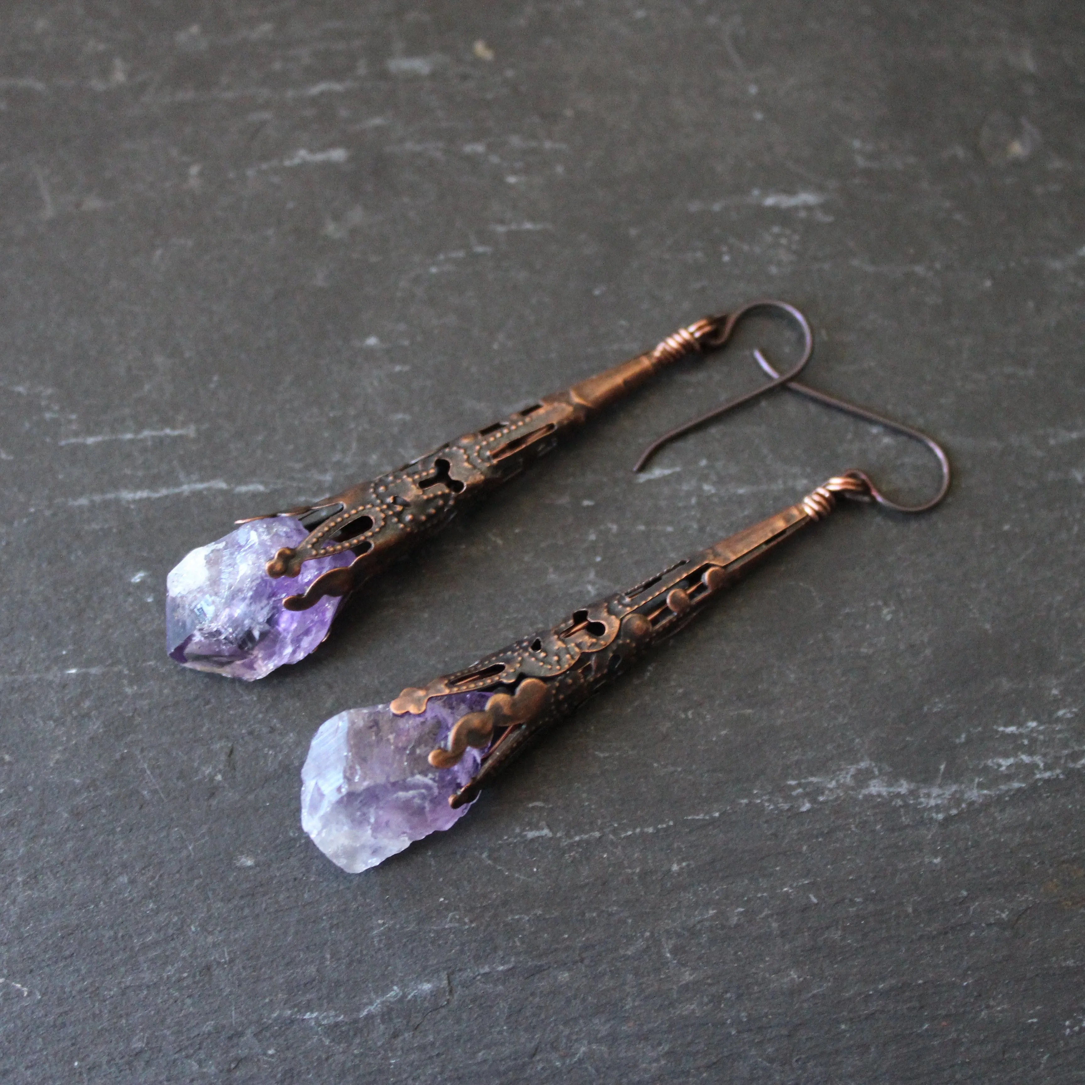 Fairy Sceptres. Long, Rustic, Amethyst Filigree Earrings.