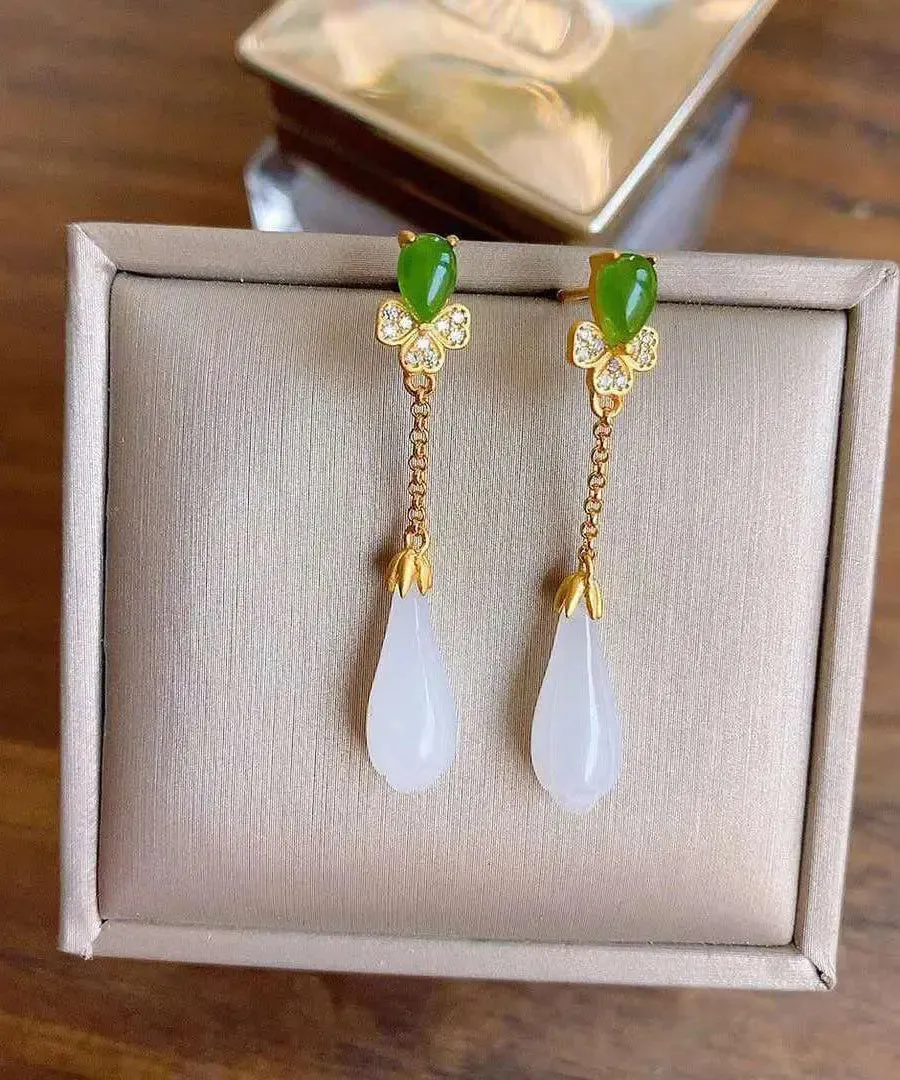 Fashion White Sterling Silver Overgild Jade Magnolia Drop Earrings LY8625