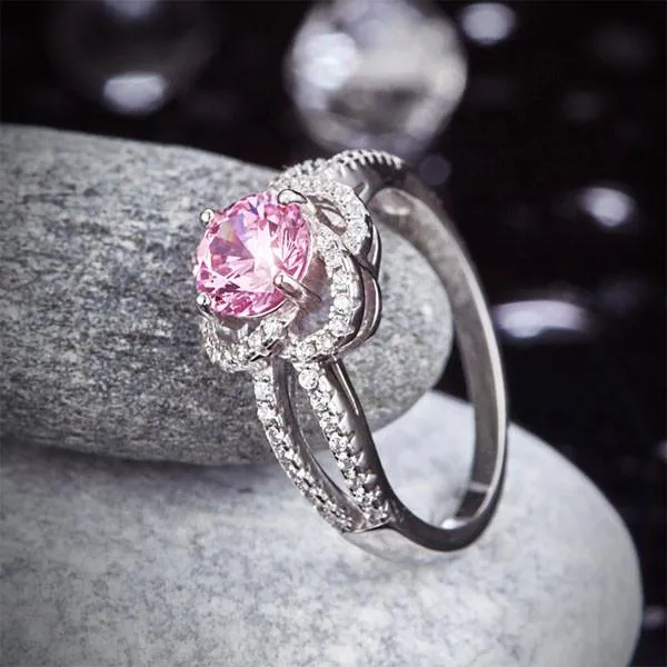 Floral 925 Sterling Silver Wedding Promise Anniversary Ring 1 Ct Fancy Pink Simulated Diamond Jewelry