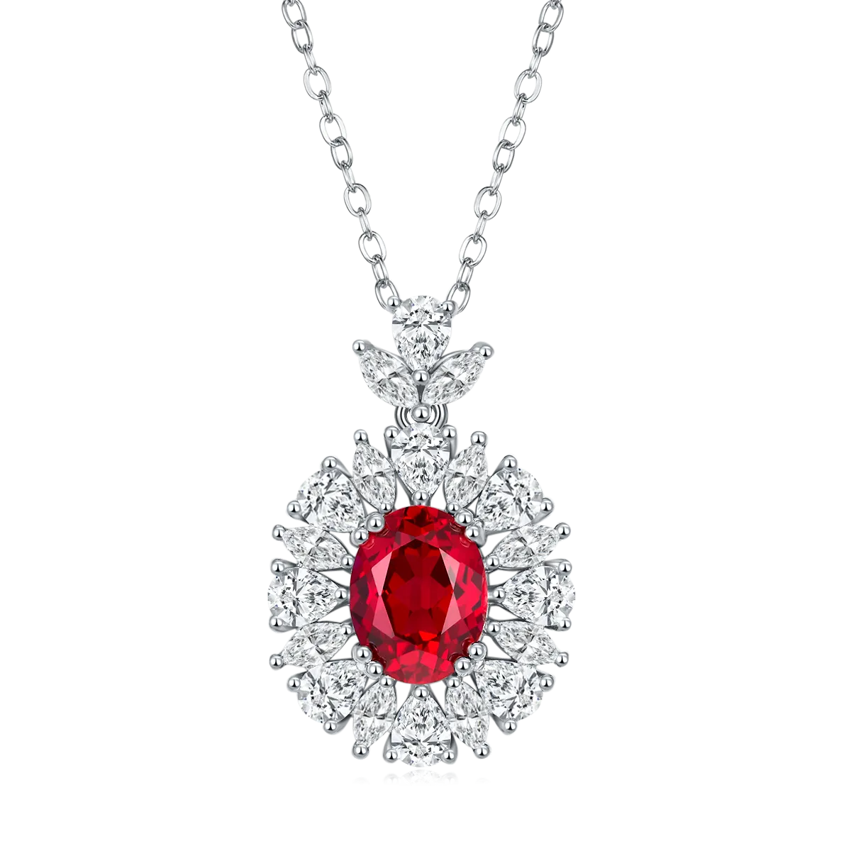 Gala Fireworks 2.0 Carat Oval Lab Created Ruby Pendant Necklace with Sterling Silver Halo