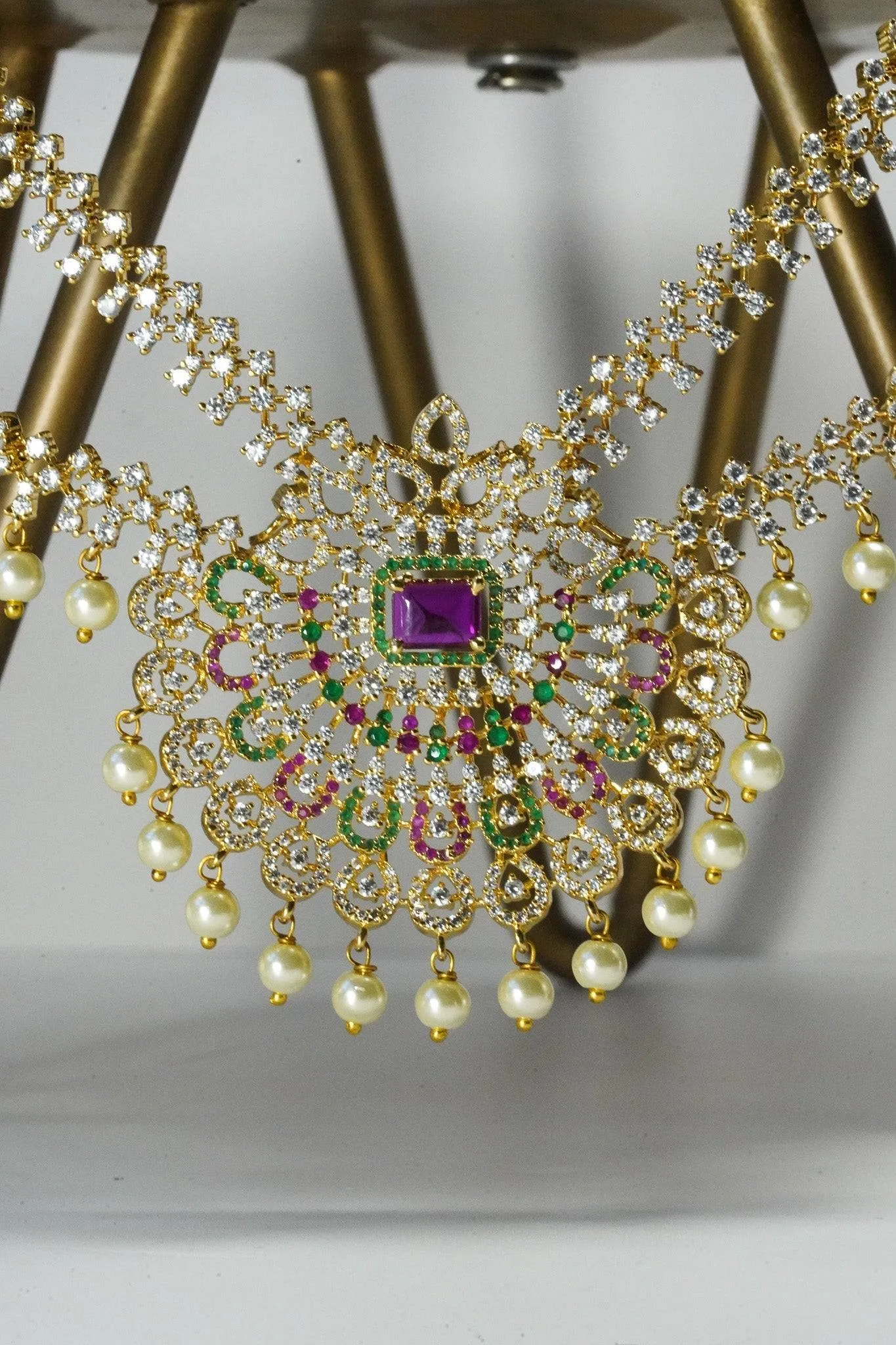 Jassi - Gold Plated Double Layer Multicolor AD Necklace Set