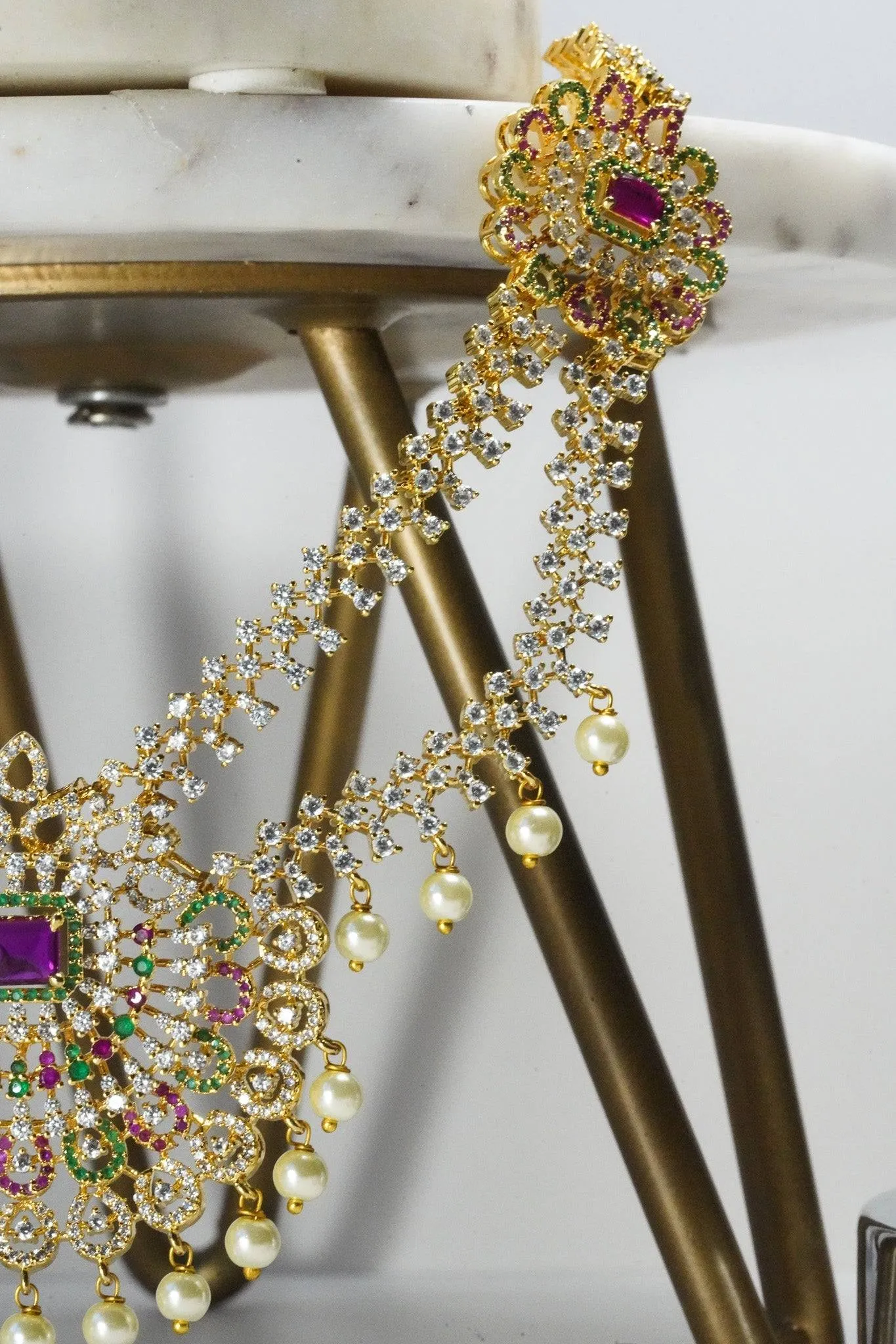 Jassi - Gold Plated Double Layer Multicolor AD Necklace Set