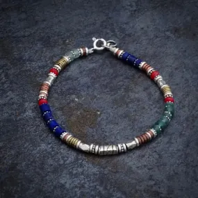Lapis, Green Glass and Coral Mixed Metals Bracelet