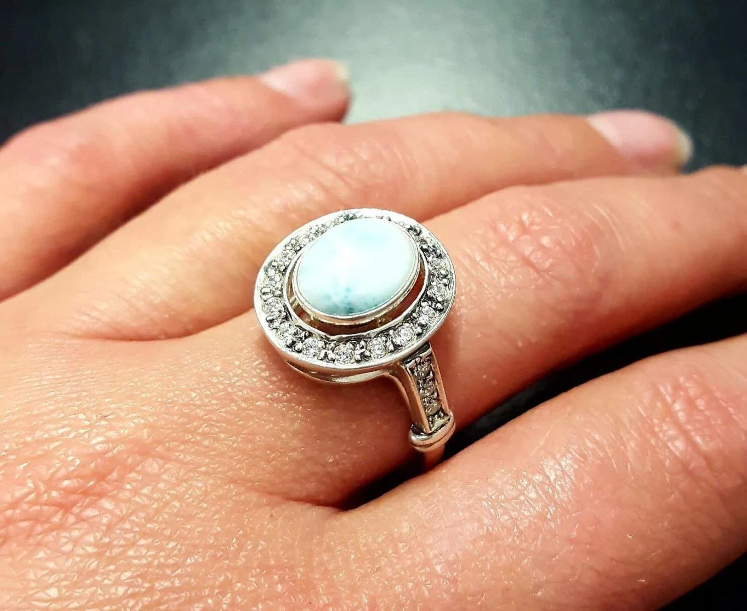 Larimar Ring - Sky Blue Ring - Vintage Bezel Ring