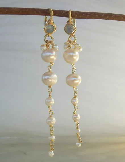Long Moonstone Pearl Vine Earrings