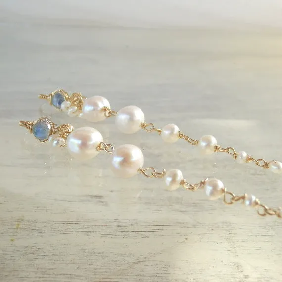 Long Moonstone Pearl Vine Earrings