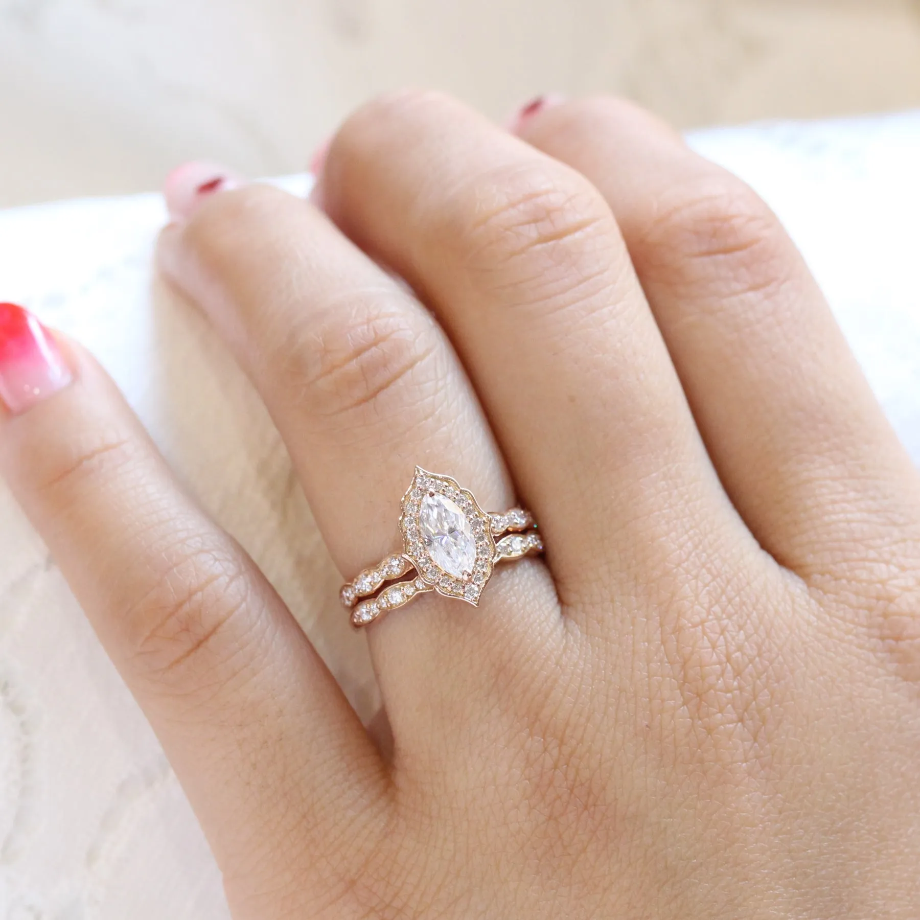 Marquise Moissanite Engagement Ring in Vintage Floral Diamond Band