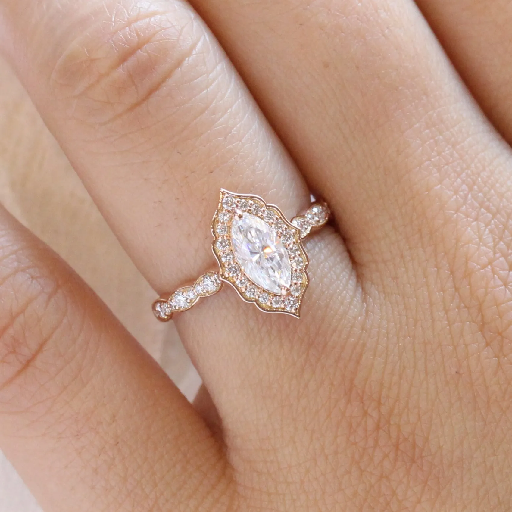 Marquise Moissanite Engagement Ring in Vintage Floral Diamond Band