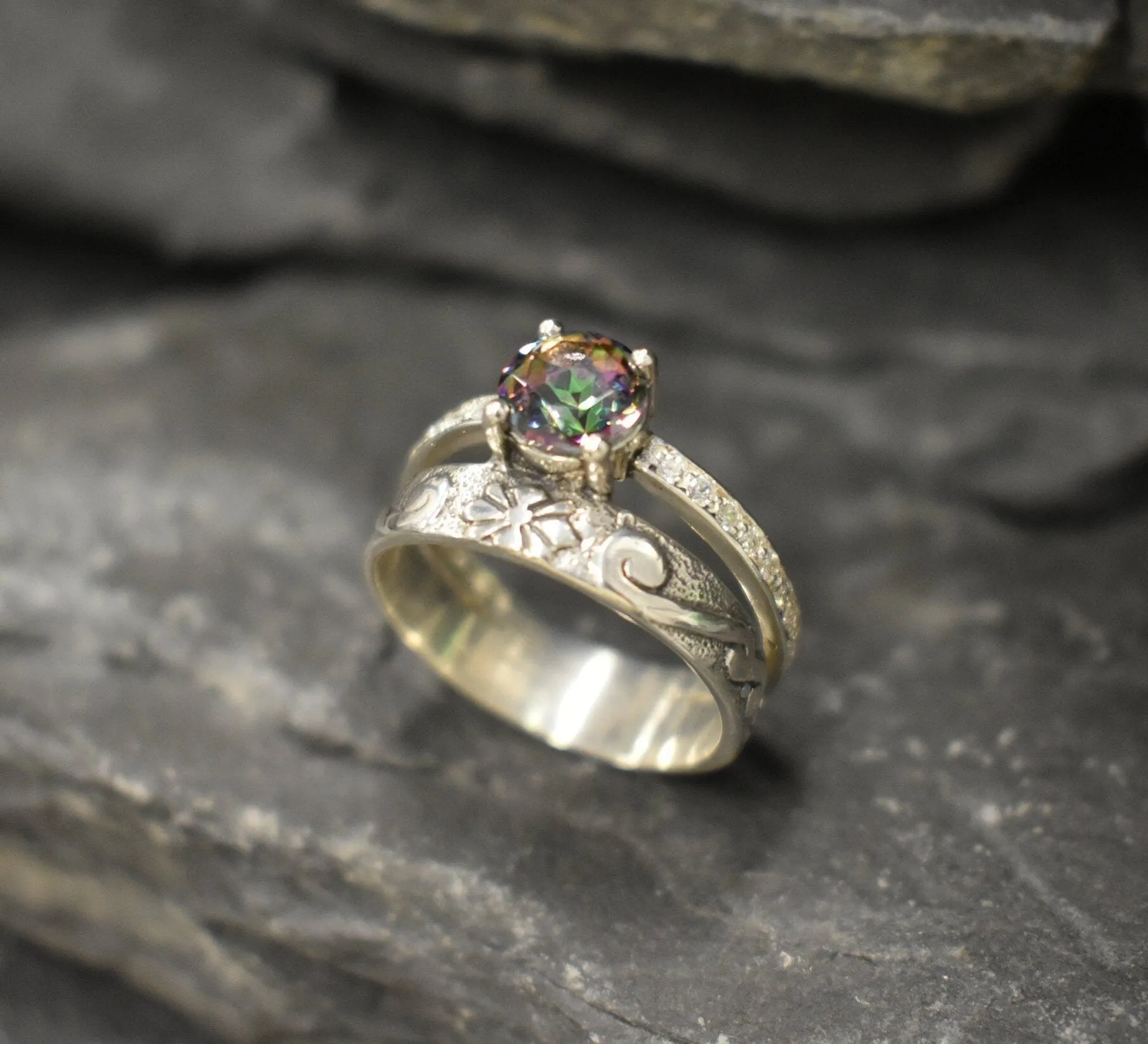 Mystic Topaz Ring - Wide Purple Band - Double Band Ring