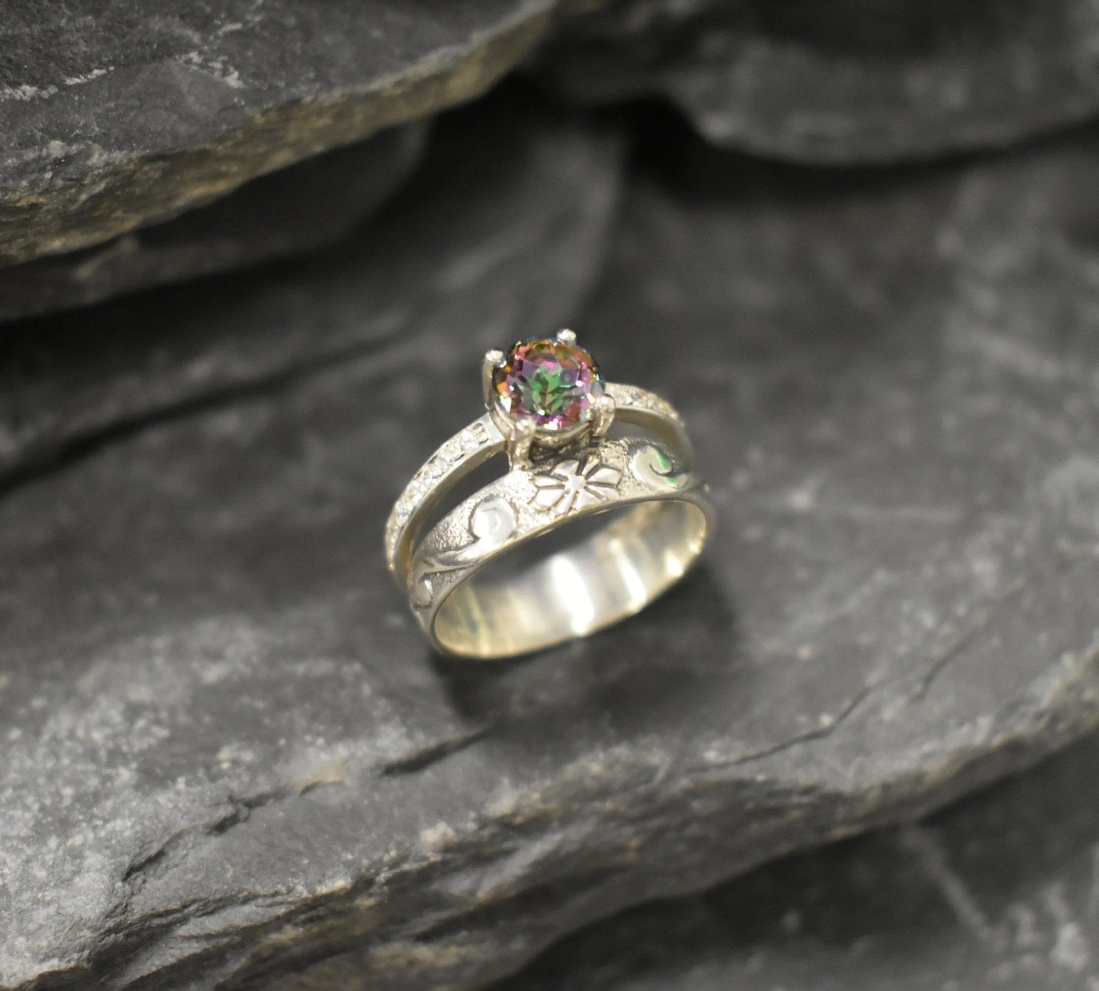 Mystic Topaz Ring - Wide Purple Band - Double Band Ring
