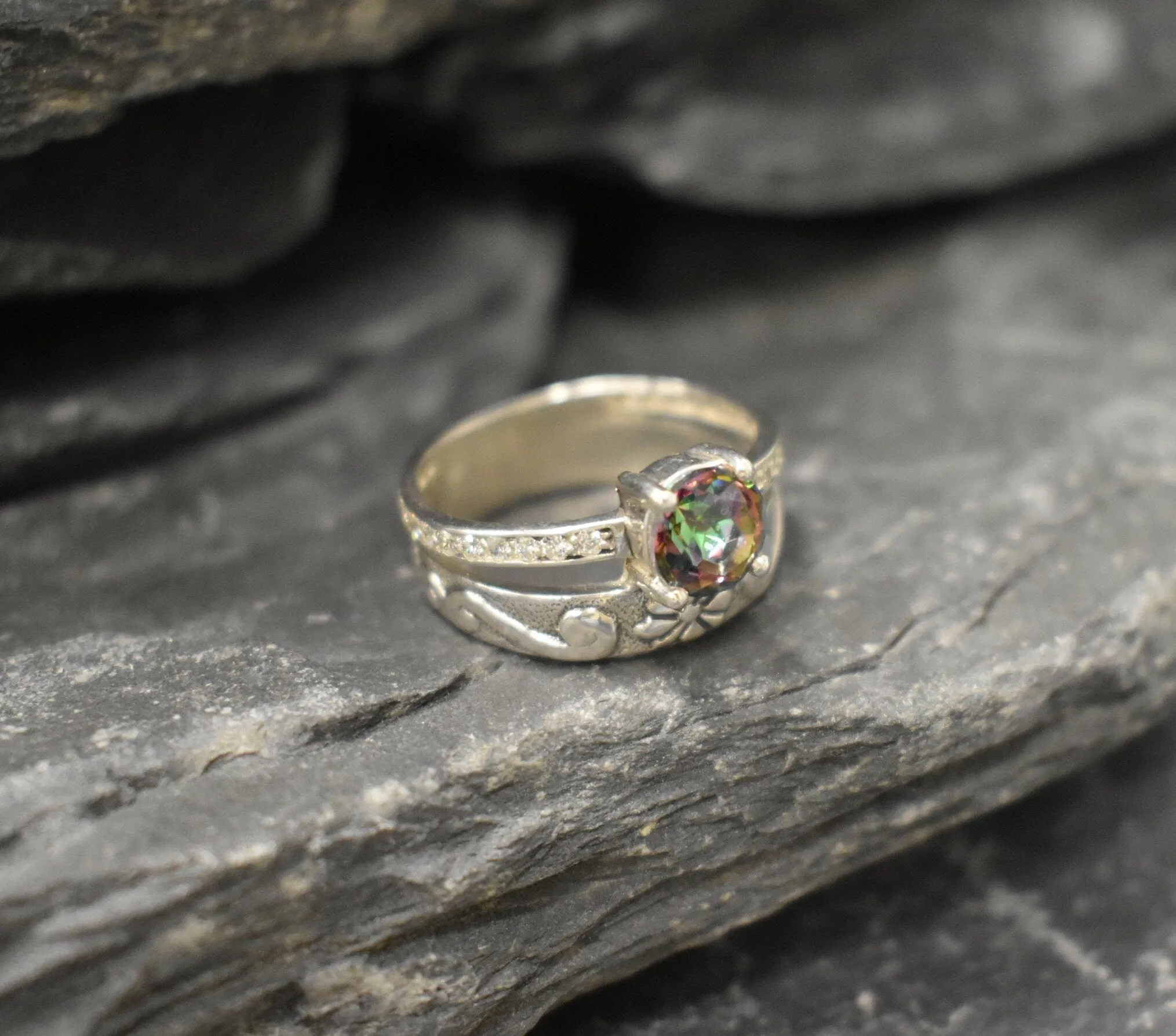 Mystic Topaz Ring - Wide Purple Band - Double Band Ring