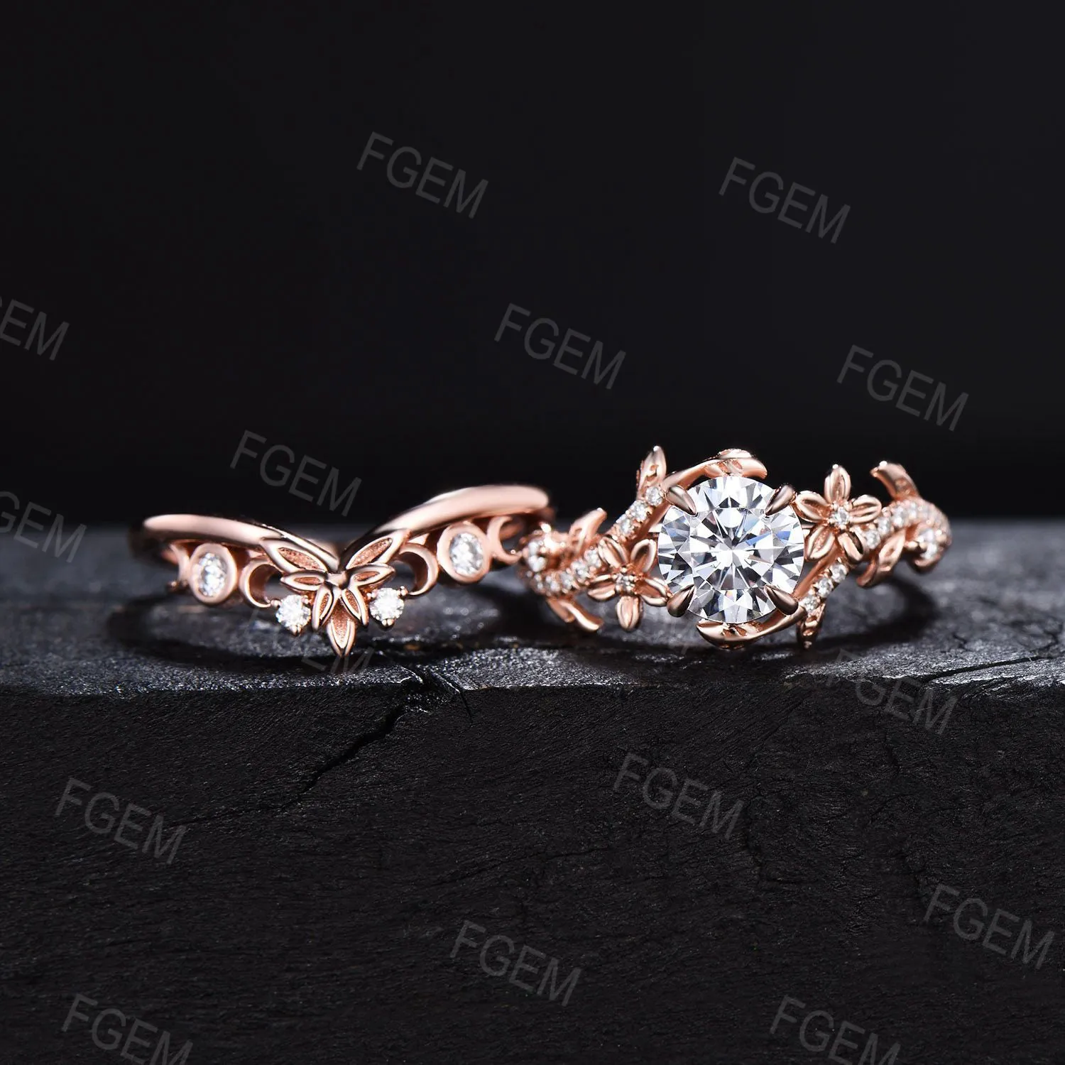 Nature Inspired Round Moissanite Engagement Ring Set Diamond Ring Set Branch Vine Rose Flower Moissanite Proposal Gifts Rose Gold Bridal Set