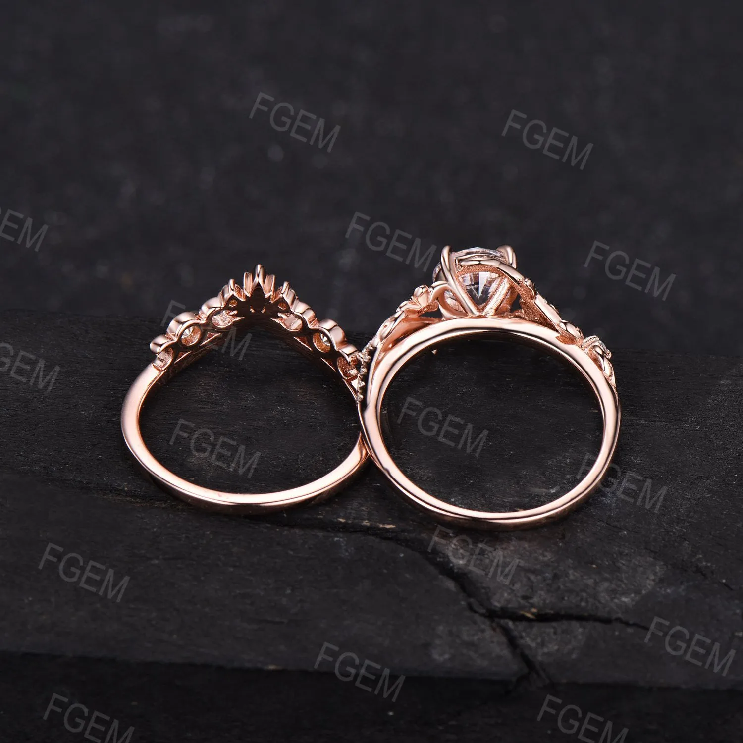 Nature Inspired Round Moissanite Engagement Ring Set Diamond Ring Set Branch Vine Rose Flower Moissanite Proposal Gifts Rose Gold Bridal Set