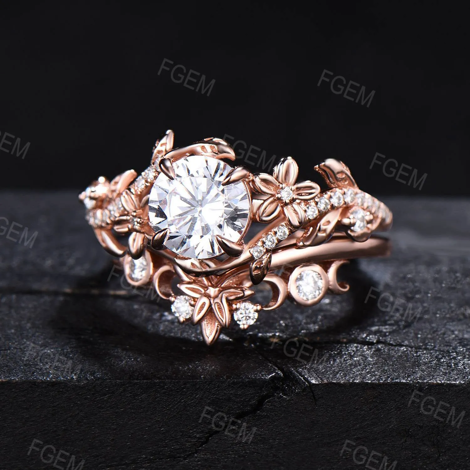 Nature Inspired Round Moissanite Engagement Ring Set Diamond Ring Set Branch Vine Rose Flower Moissanite Proposal Gifts Rose Gold Bridal Set