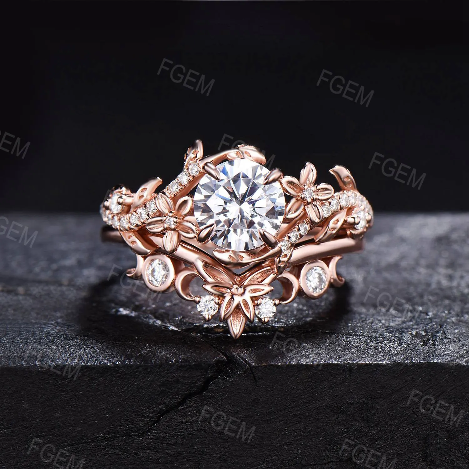 Nature Inspired Round Moissanite Engagement Ring Set Diamond Ring Set Branch Vine Rose Flower Moissanite Proposal Gifts Rose Gold Bridal Set