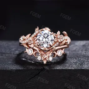 Nature Inspired Round Moissanite Engagement Ring Set Diamond Ring Set Branch Vine Rose Flower Moissanite Proposal Gifts Rose Gold Bridal Set