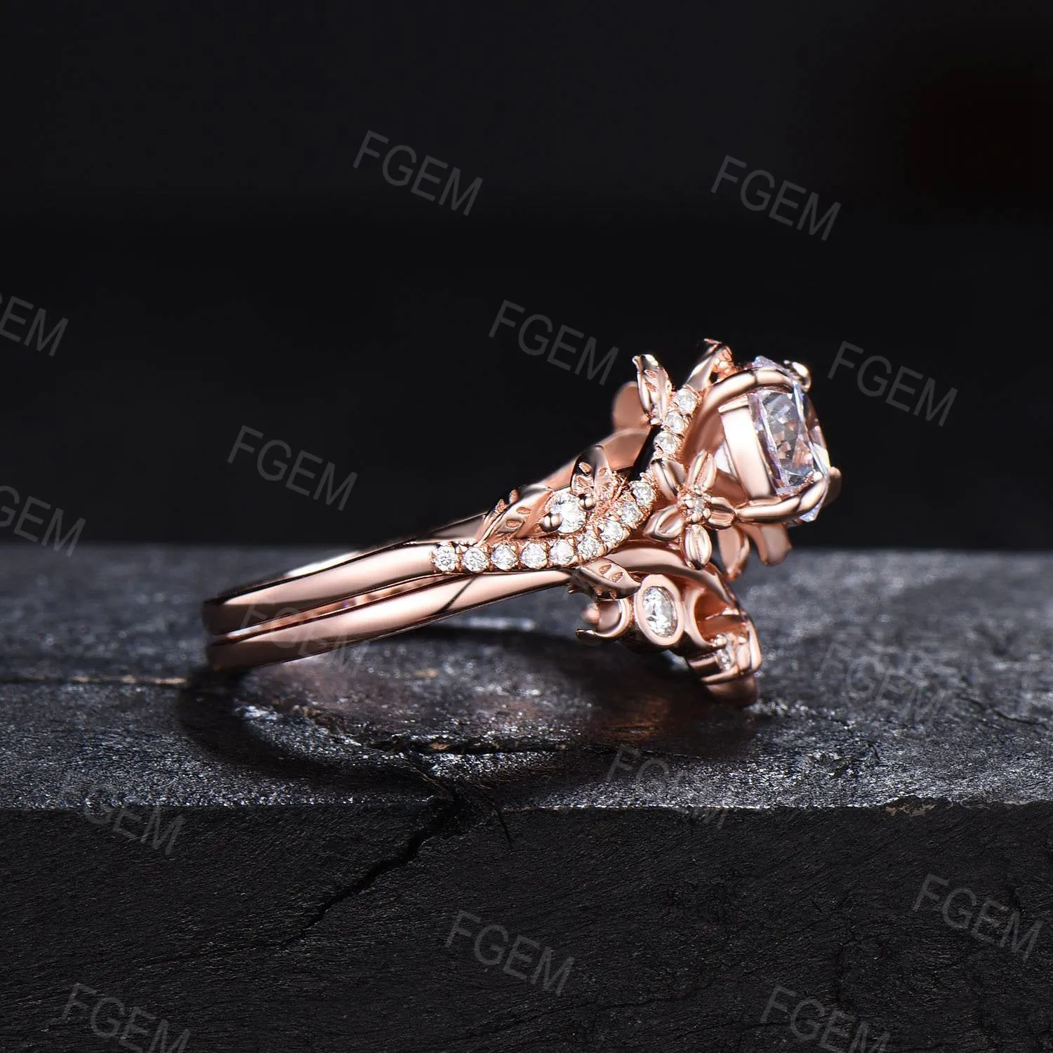 Nature Inspired Round Moissanite Engagement Ring Set Diamond Ring Set Branch Vine Rose Flower Moissanite Proposal Gifts Rose Gold Bridal Set