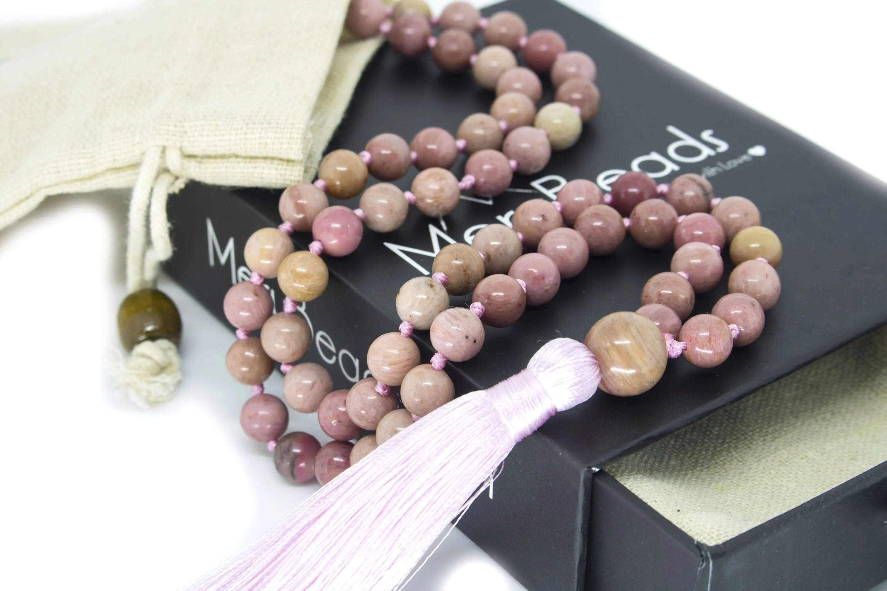 Rhodonite Mala Beads Necklace - Gemstone Guru