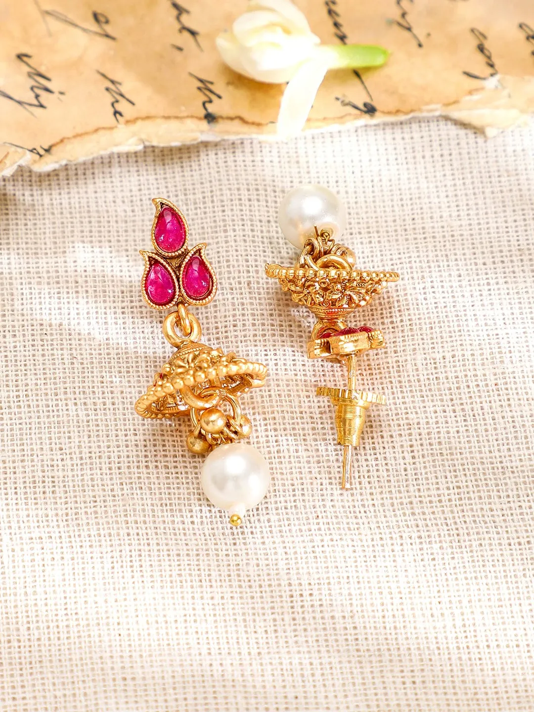 Rubans 22K Gold-Plated Ruby Pink Stone & Pearl Drop Traditional Jewellery Set