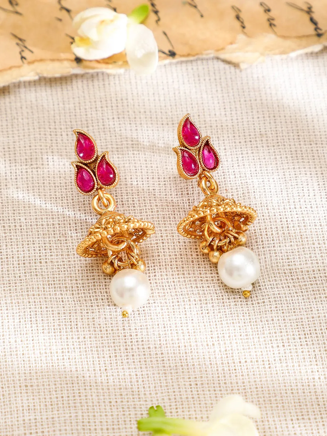 Rubans 22K Gold-Plated Ruby Pink Stone & Pearl Drop Traditional Jewellery Set