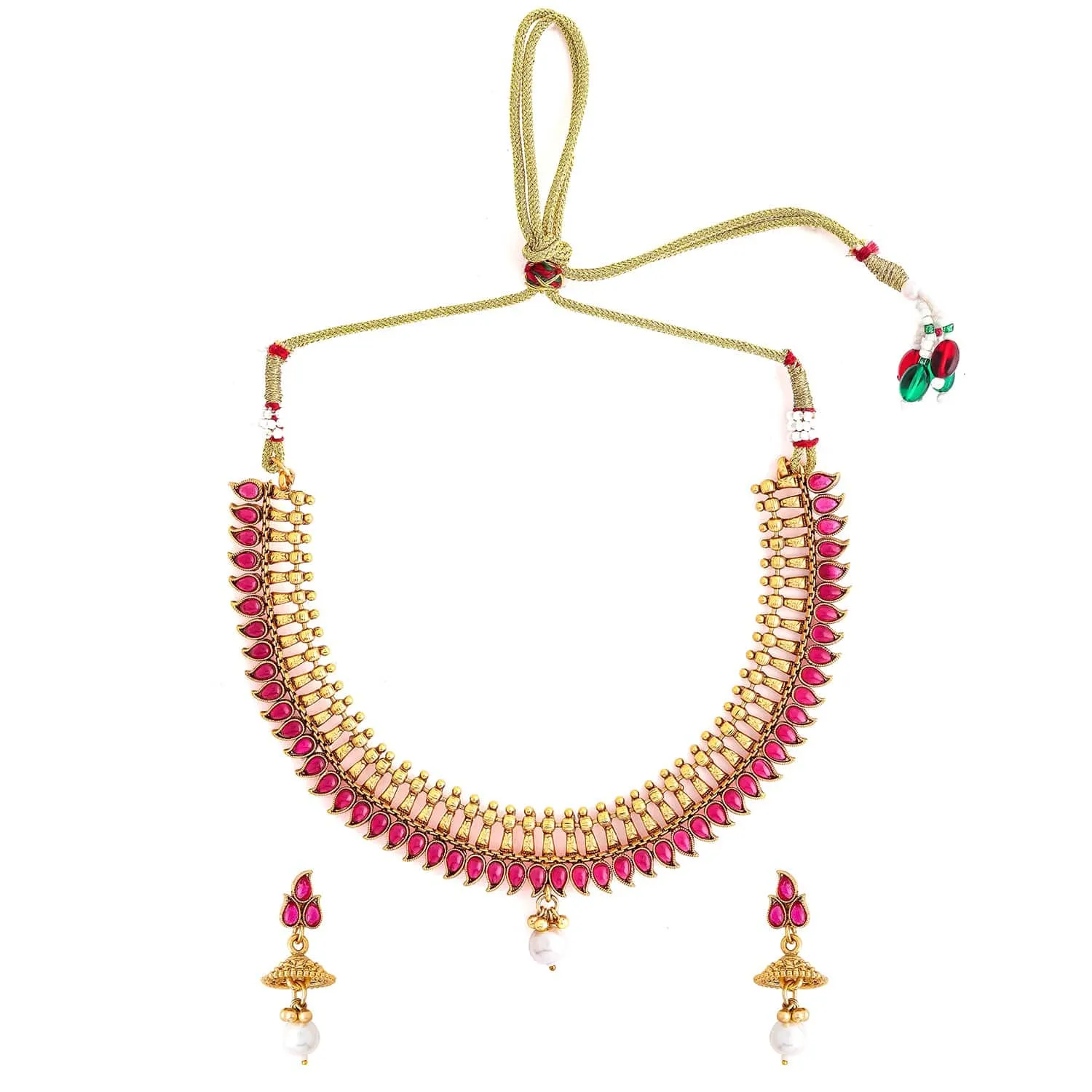 Rubans 22K Gold-Plated Ruby Pink Stone & Pearl Drop Traditional Jewellery Set