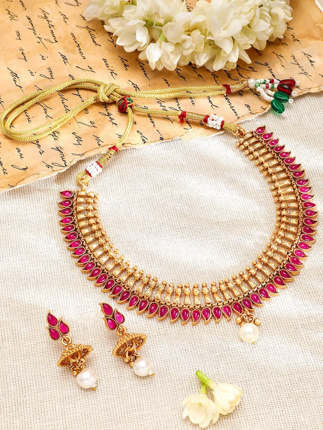 Rubans 22K Gold-Plated Ruby Pink Stone & Pearl Drop Traditional Jewellery Set