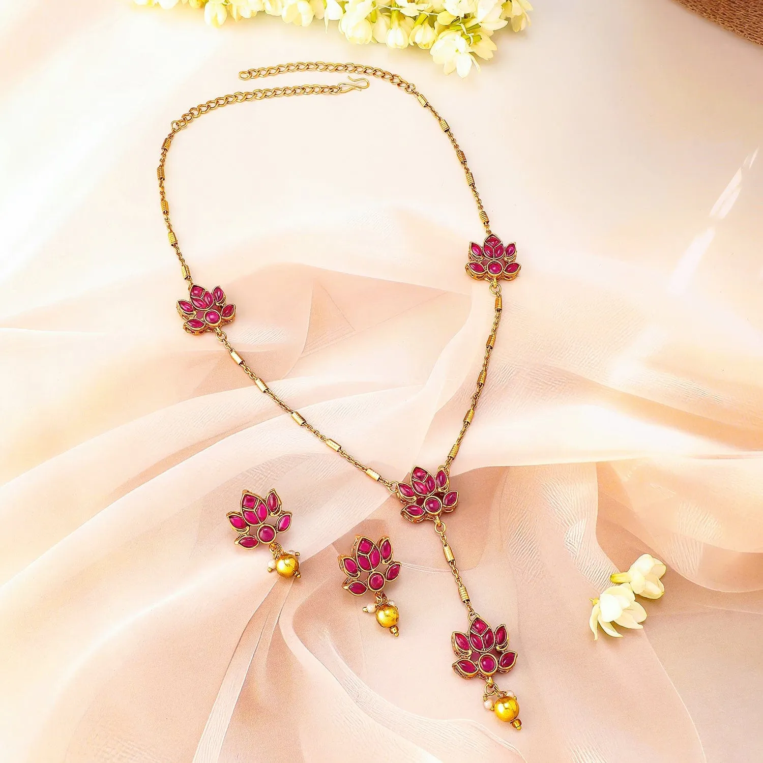 Rubans 22K Gold Plated Ruby Pink Studded Layered Lotus Motif Necklace Set