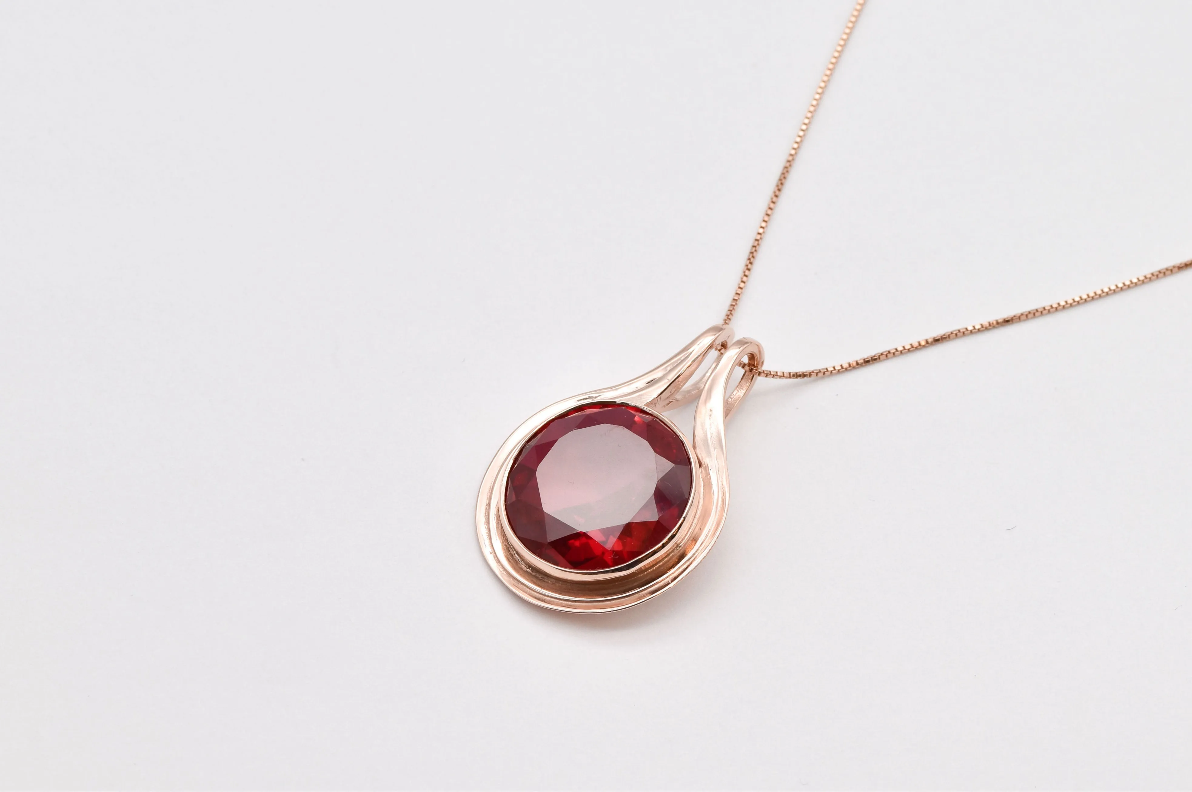 Ruby Statement Necklace - Round Red Pendant - Rose Gold Ruby Necklace