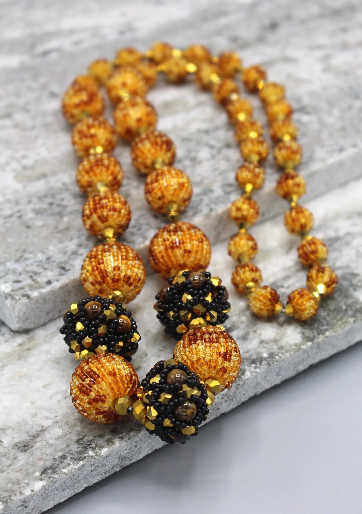 Shiny Golden and Maroon Glass Seed Beads Necklace